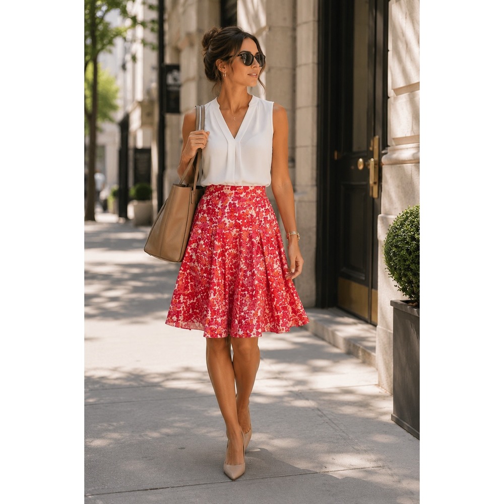 Ann Taylor Floral Cotton Pleated A-Line Skirt Red Pink Size 2